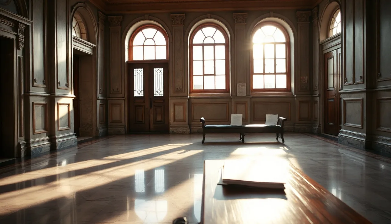 Empty Brooklyn courthouse hallway with marble floors and a folder of divorce papers on a bench