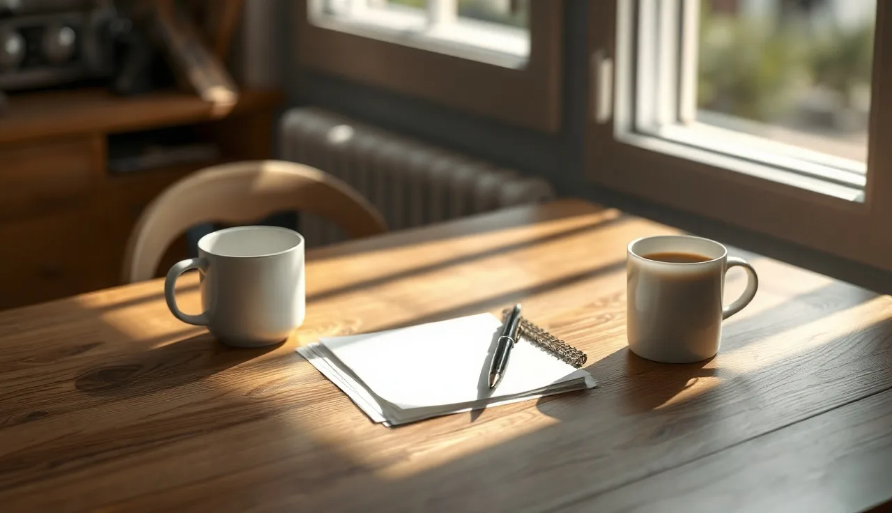 Two pens and blank papers on a wooden table for filing New York divorce forms