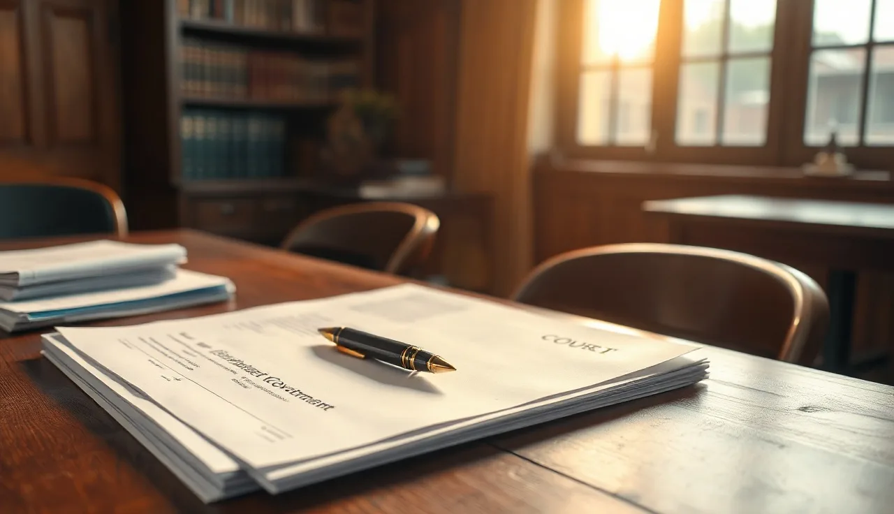 Blank divorce paperwork fanned out on a courthouse desk with afternoon light