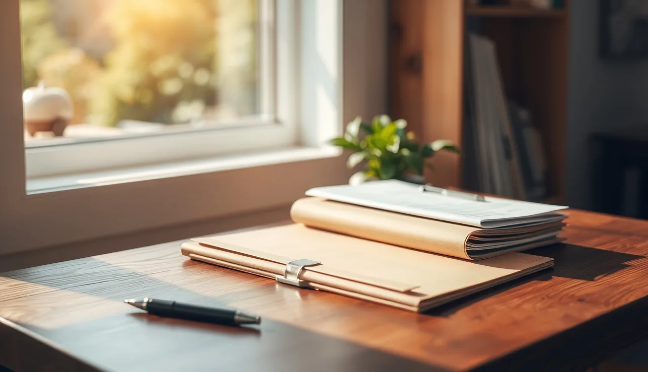 Pen and folder on a wooden desk in a sunlit home office for Oklahoma divorce filing