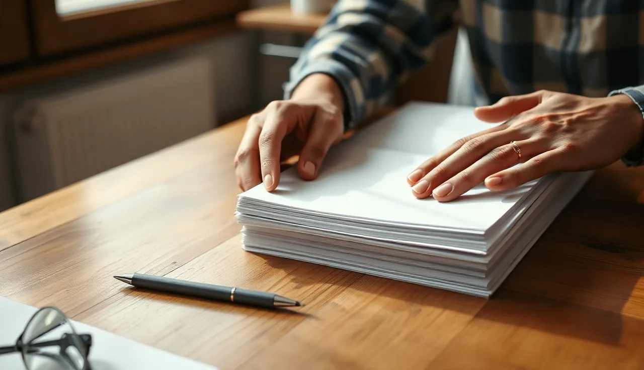 Hands arranging printed divorce papers on a wooden table in morning light