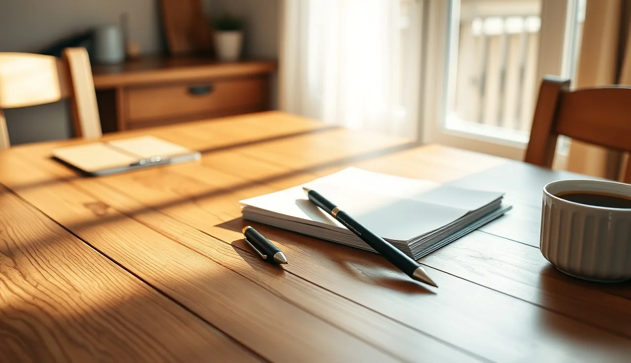 Pens and a stack of papers on a kitchen table in morning light for divorce filing