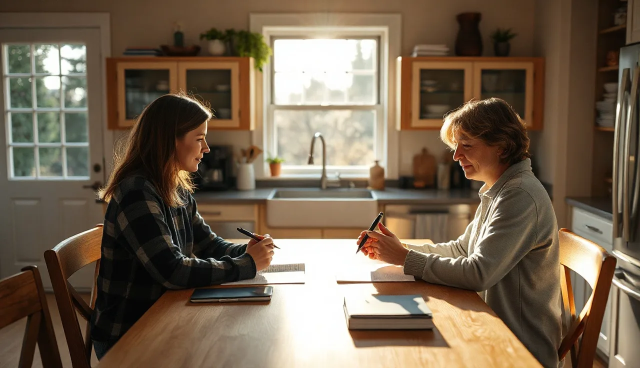 Two spouses reviewing a printed separation agreement at a kitchen table