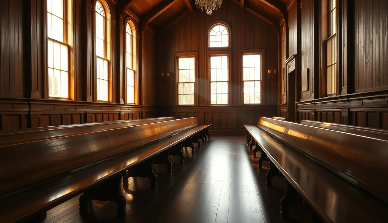 Sunlit empty courthouse hallway with wooden benches for SC divorce filing