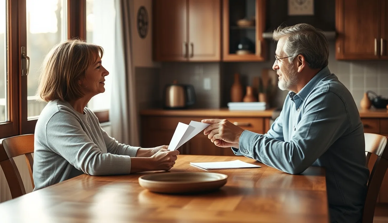 Two spouses reviewing separation agreement documents at a kitchen table