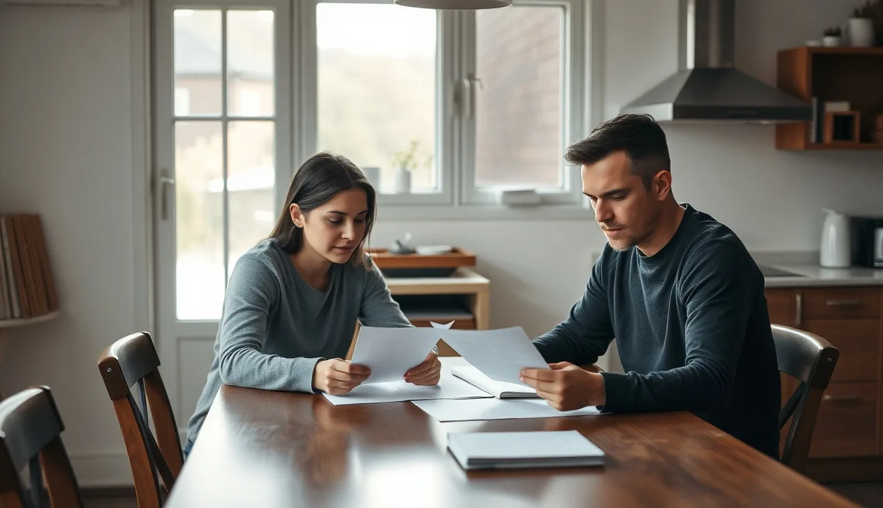 Two adults at a kitchen table reviewing separation agreement paperwork in morning light