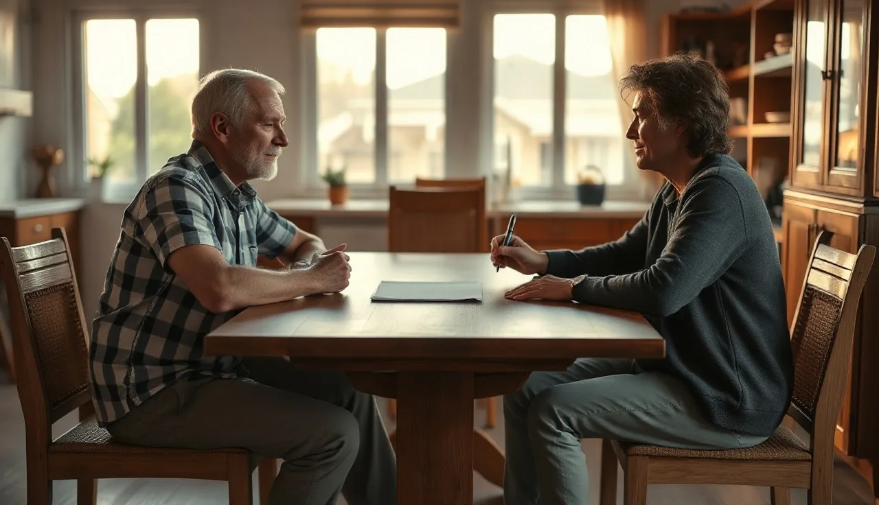 Two adults at a kitchen table reviewing a separation agreement document together