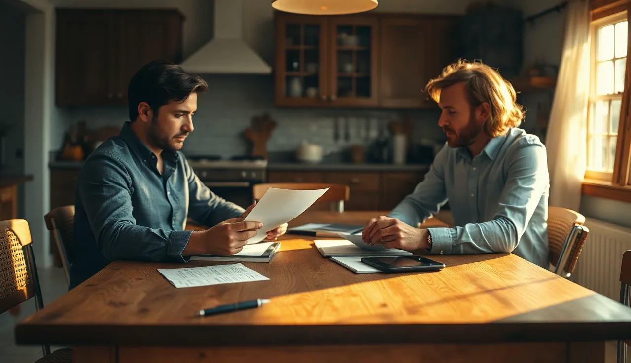 Two people reviewing unsigned divorce papers at a kitchen table in afternoon light