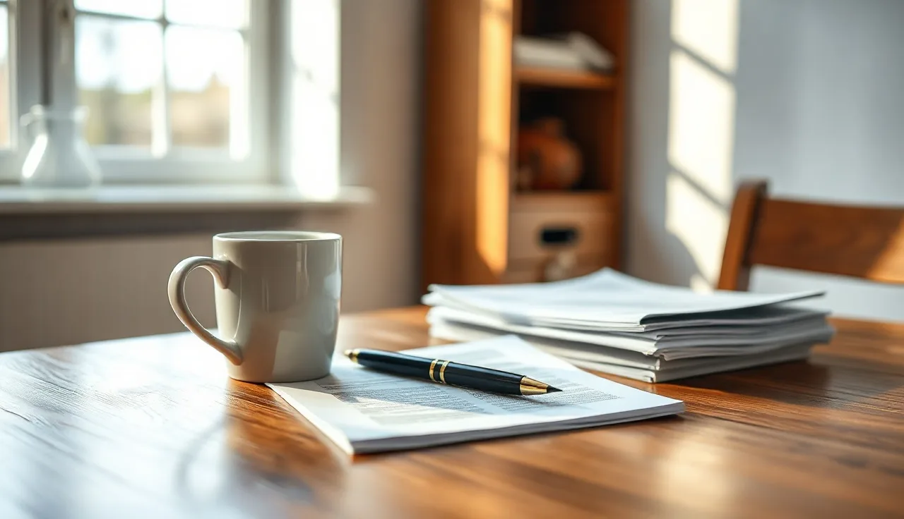 Two coffee mugs and a pen resting on divorce paperwork at a kitchen table