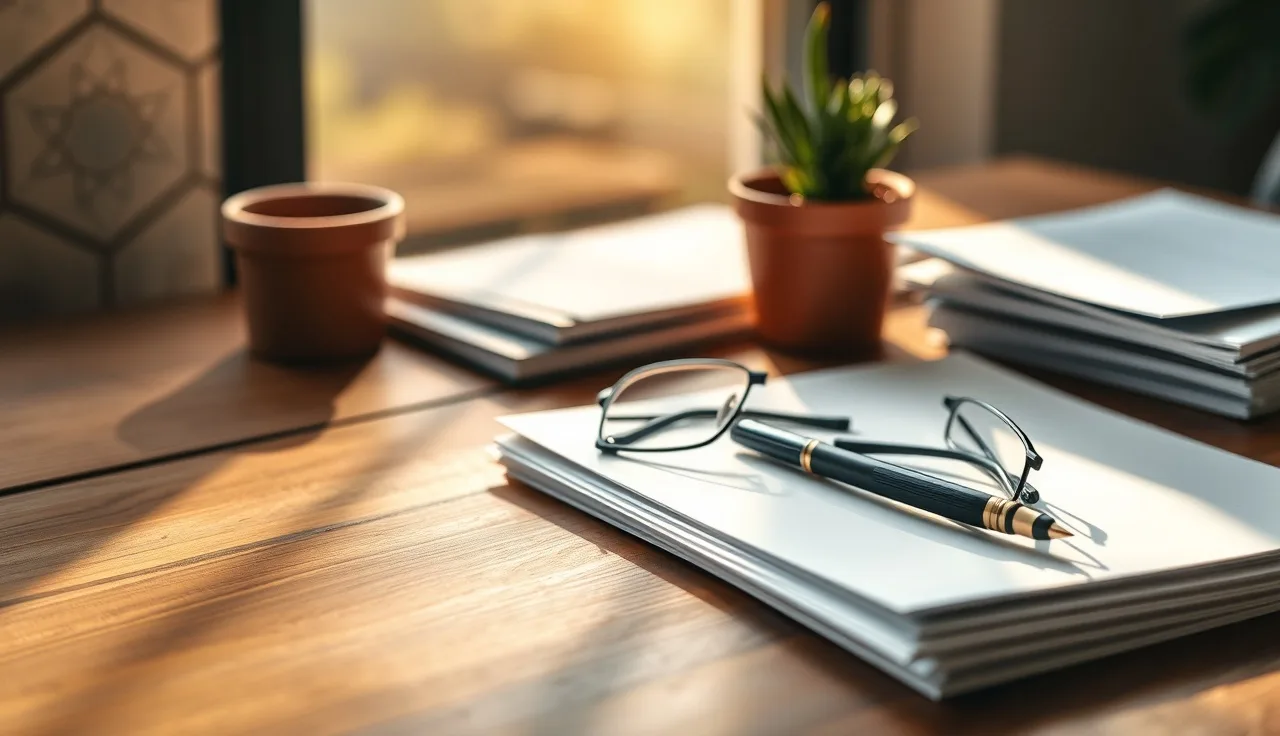Desk with pen, stacked papers, and reading glasses for Texas divorce filing