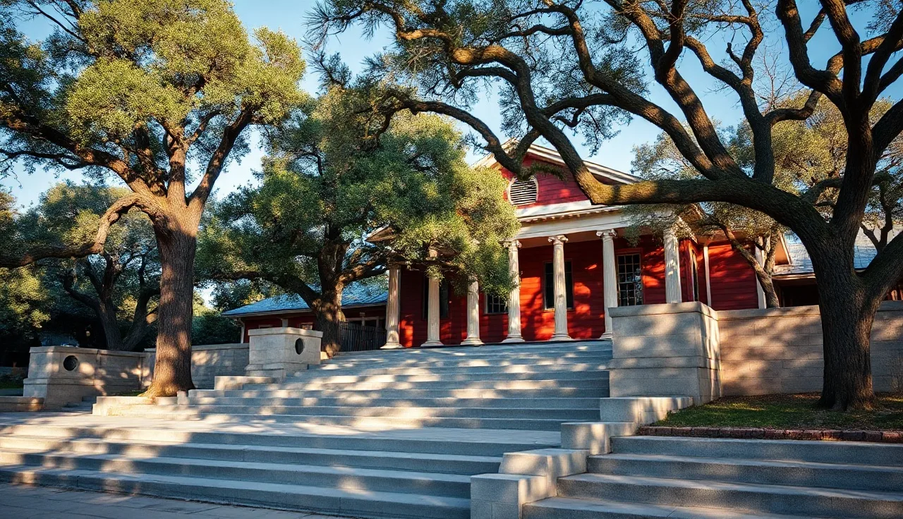Texas county courthouse steps with live oak trees in morning light