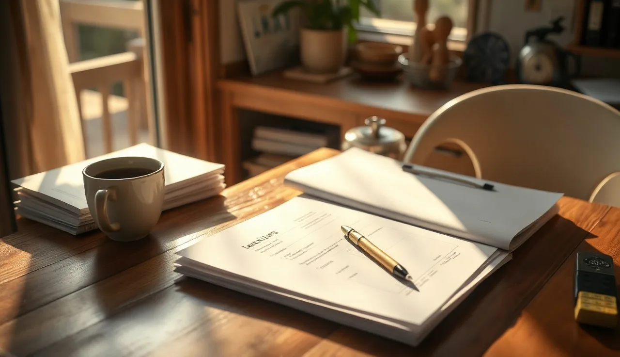 Blank legal papers and coffee on a wooden kitchen table in morning light