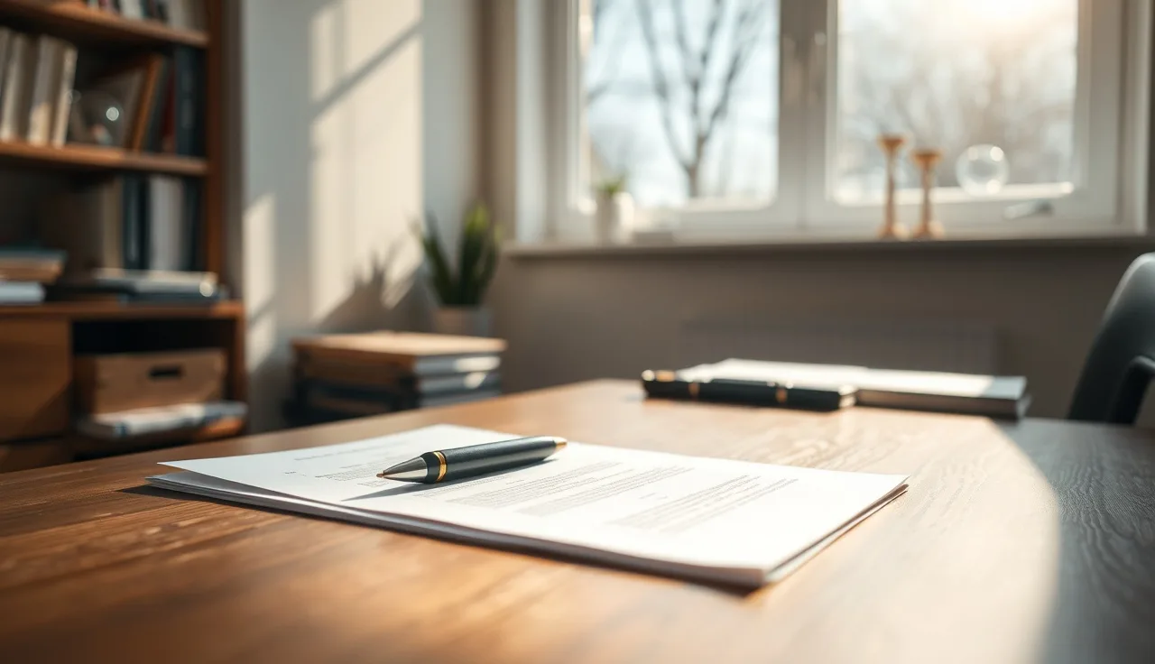 Pen resting on unsigned divorce paperwork on a sunlit home office desk