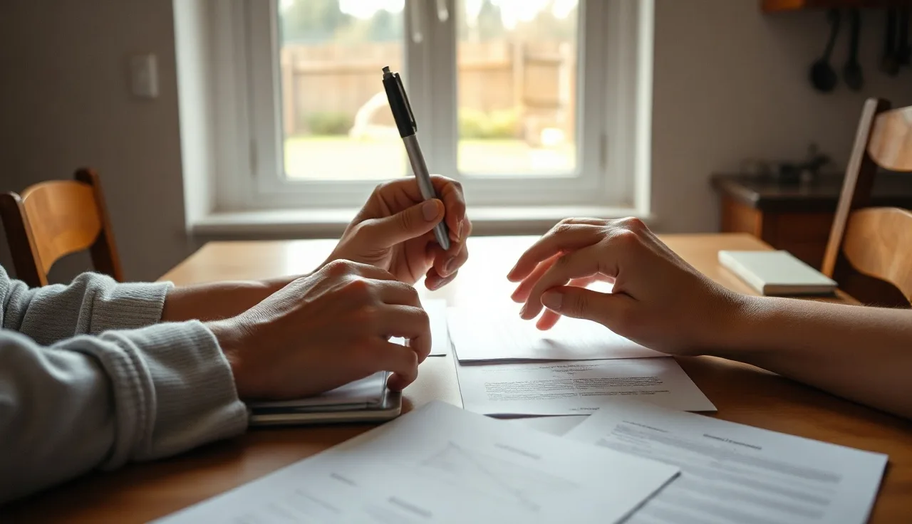 Two people at a kitchen table preparing uncontested divorce forms in morning light