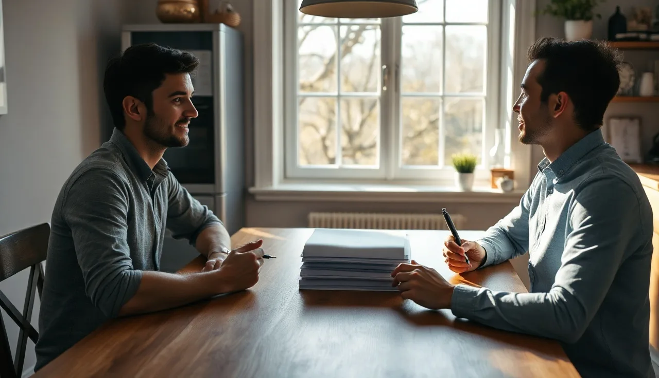 Two adults reviewing uncontested divorce paperwork together at a kitchen table