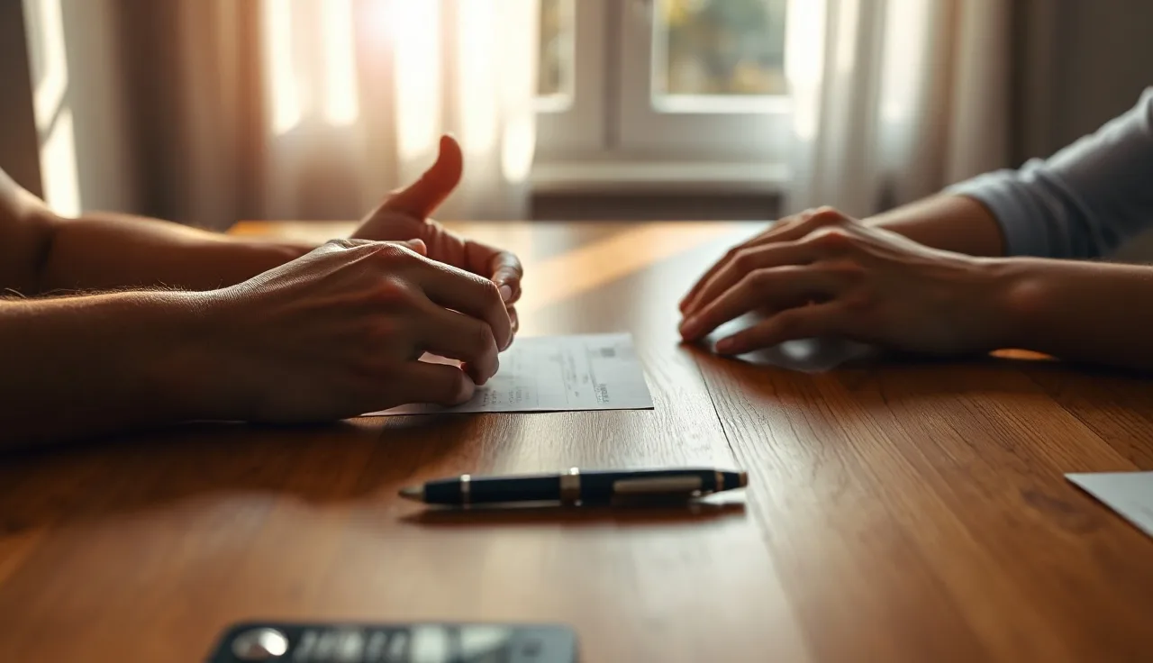 Two people sitting at a table preparing to sign uncontested divorce documents