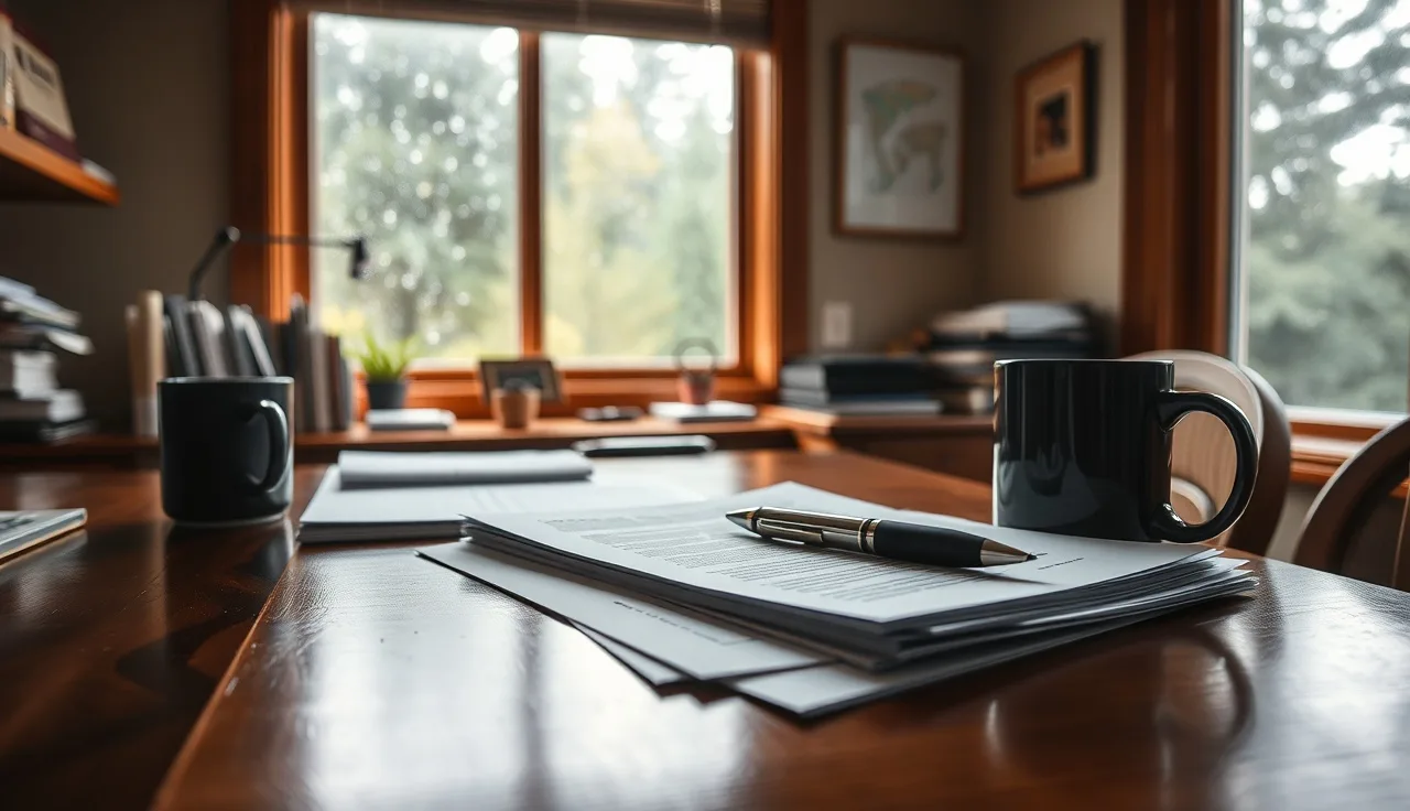 Pen resting on divorce paperwork on a desk in a Pacific Northwest home office