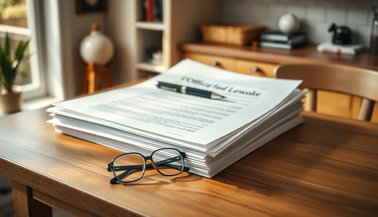 Stack of legal documents on a kitchen table with a pen and glasses, representing DIY divorce paperwork