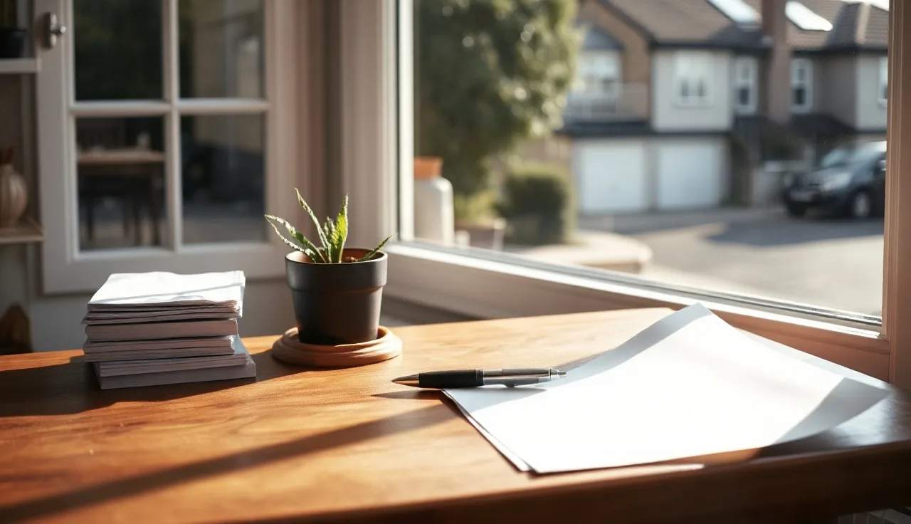 Blank papers and a pen on a kitchen table for filing divorce documents yourself