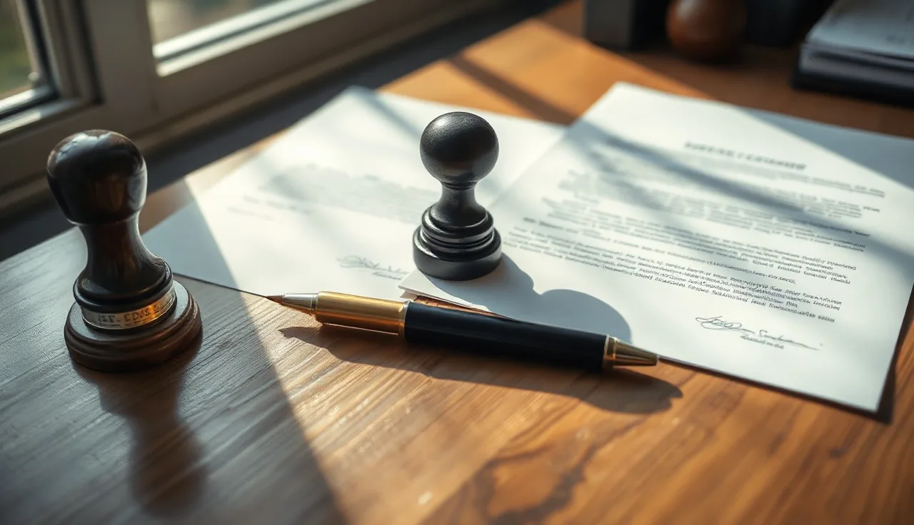 Unsigned divorce documents on a wooden desk beside a notary stamp