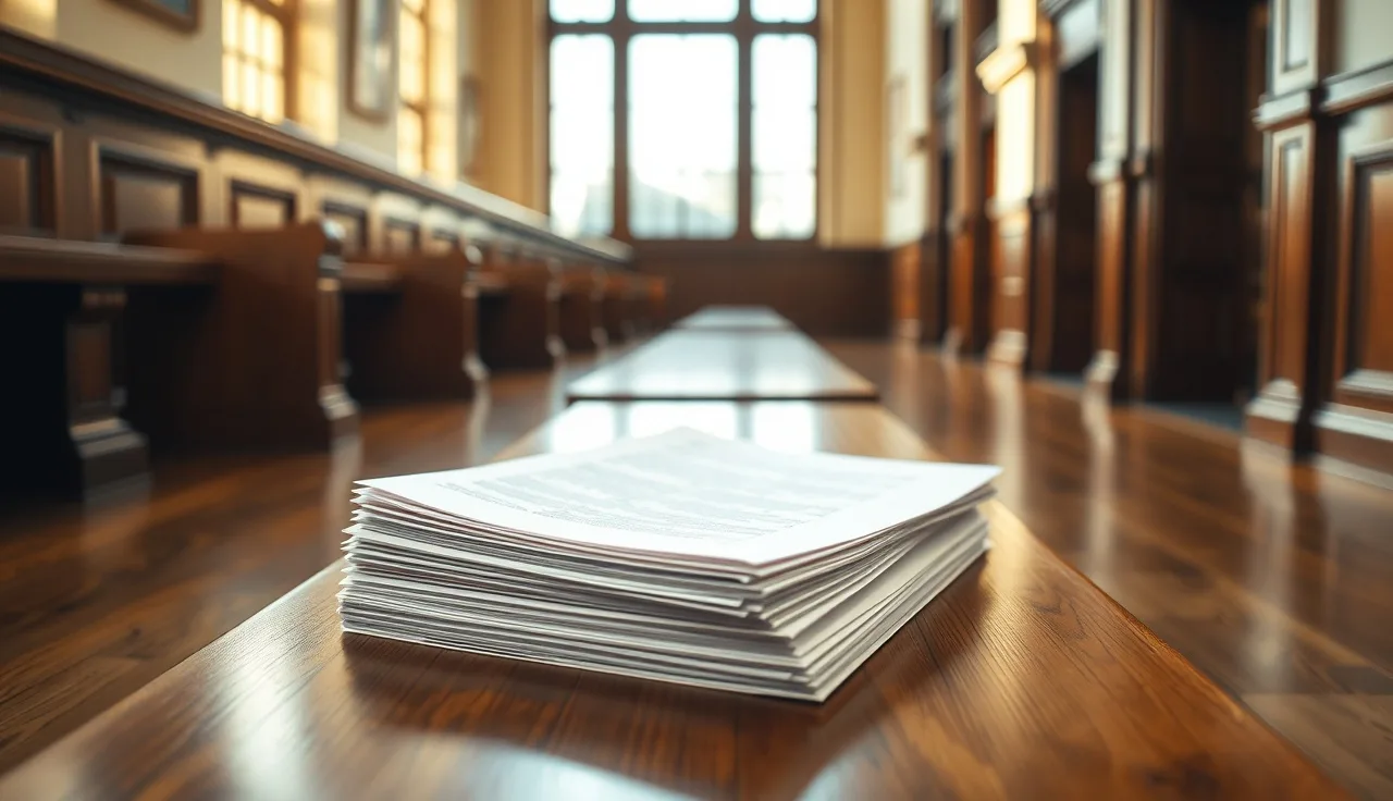 Stack of legal papers on a courthouse bench with soft afternoon light, divorce petition visible