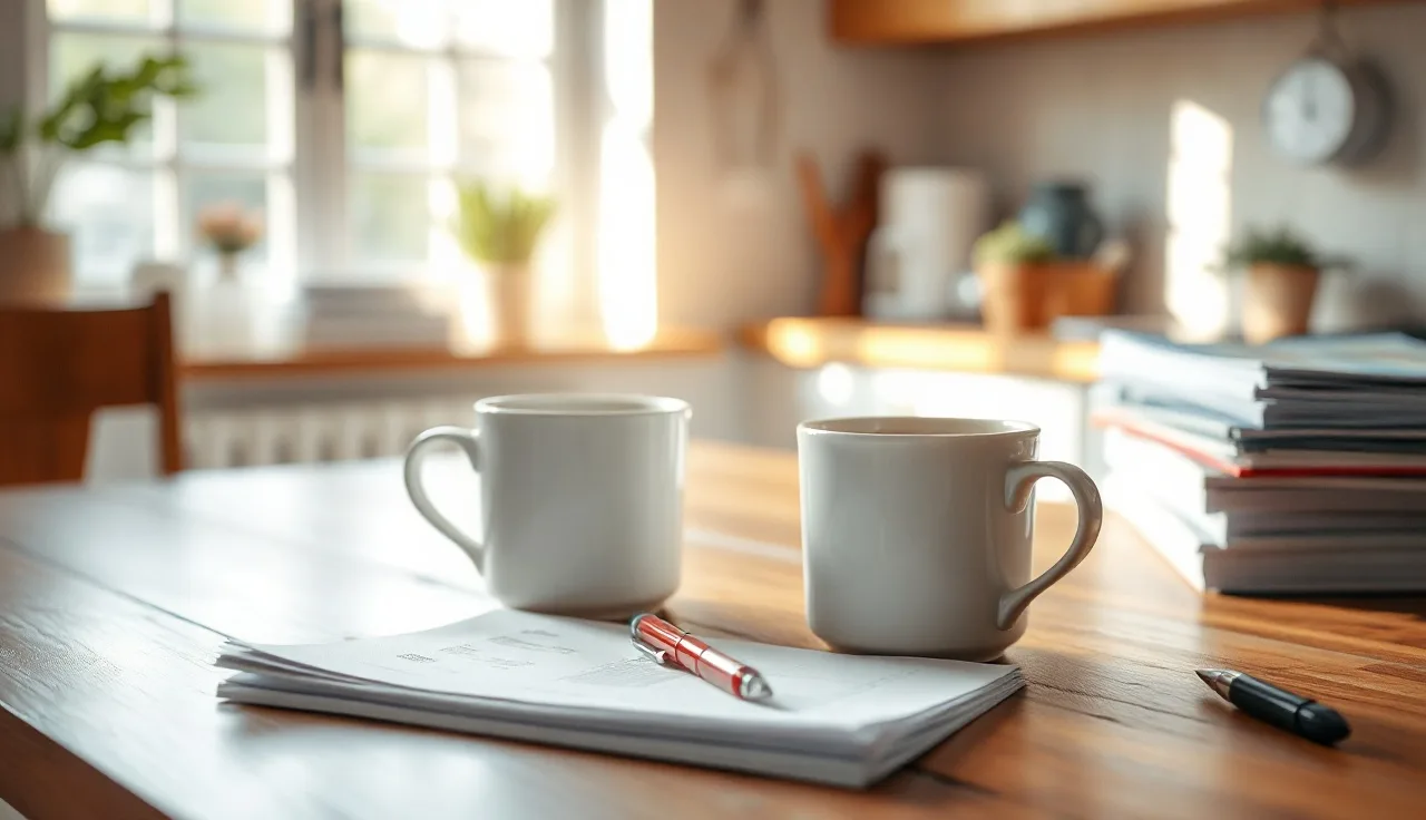 Two coffee cups and a pen on a table beside divorce paperwork