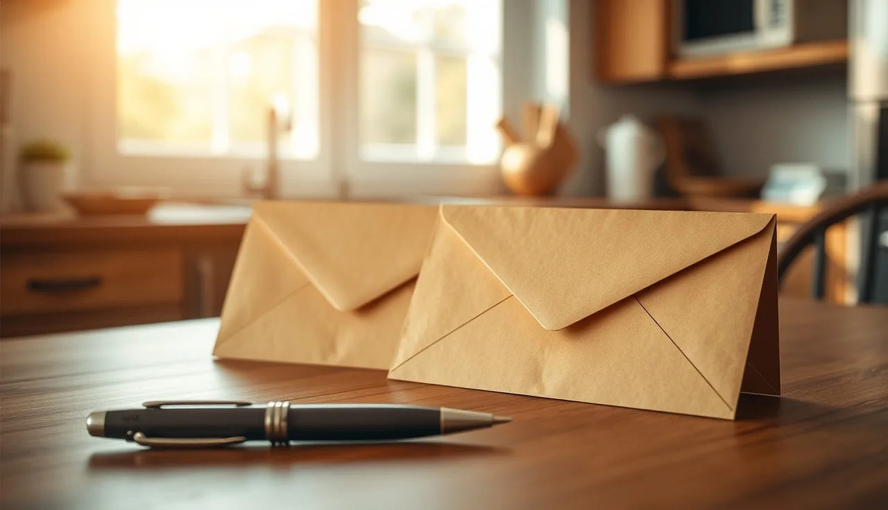 Two manila envelopes and a pen on a wooden table for uncontested divorce filing
