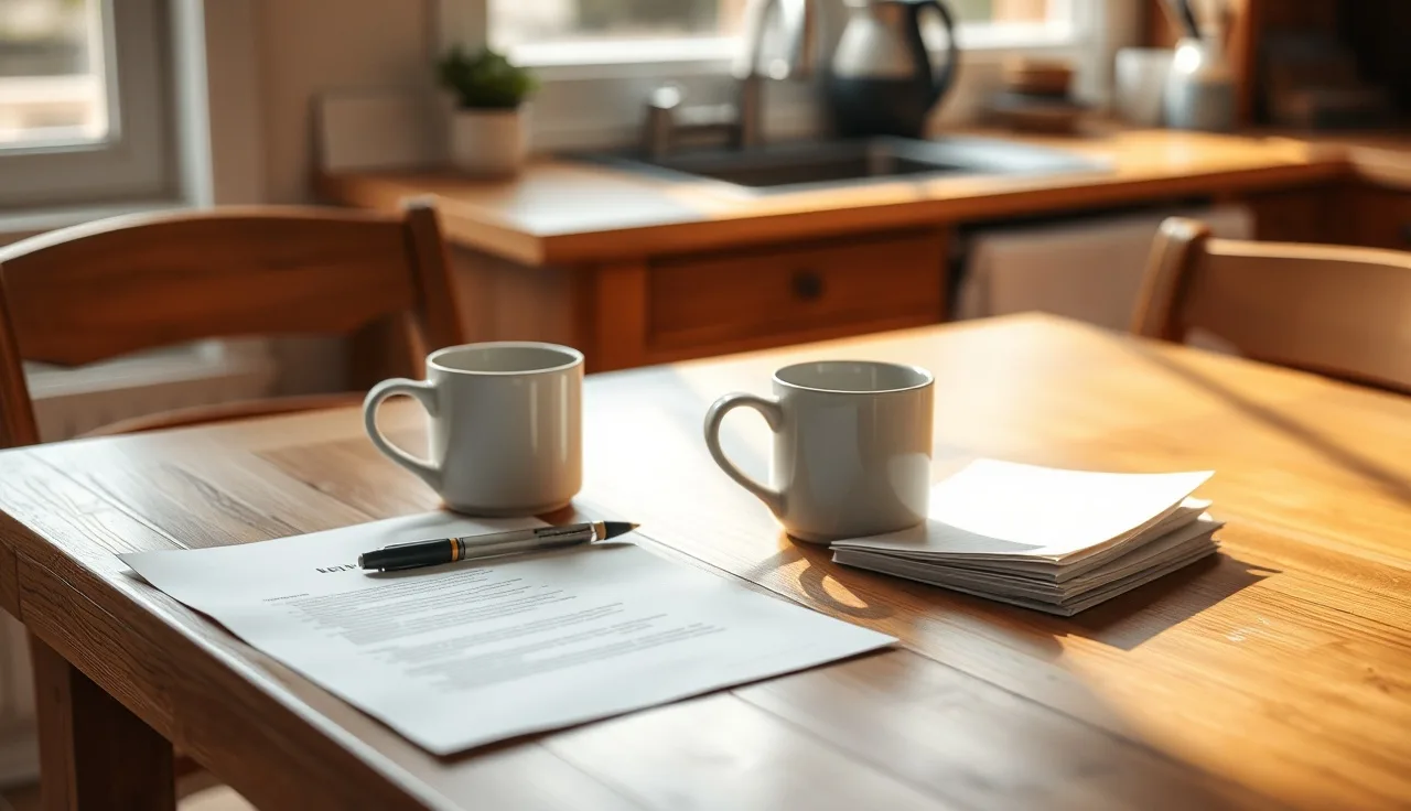 Two coffee mugs and a pen on a kitchen table beside unsigned divorce paperwork