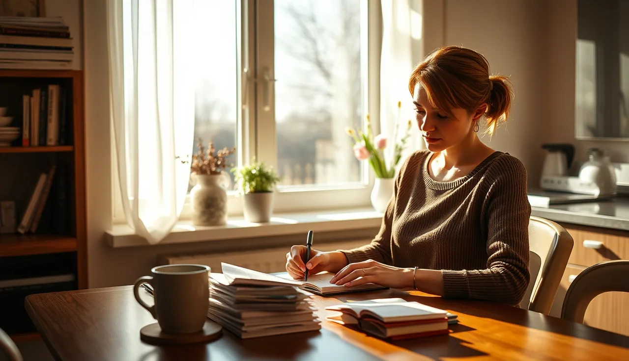 Woman organizing divorce paperwork at a sunny kitchen table with a notebook
