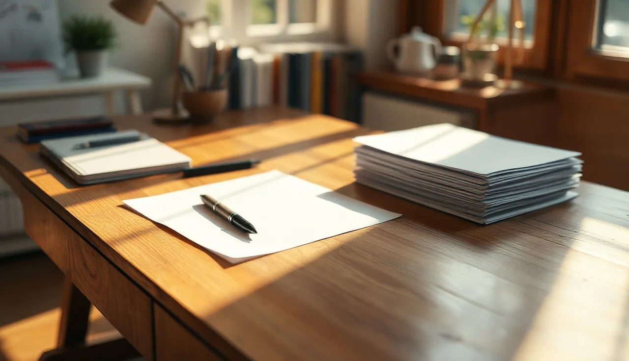 Sunlit home office desk with pen and blank papers for divorce filing