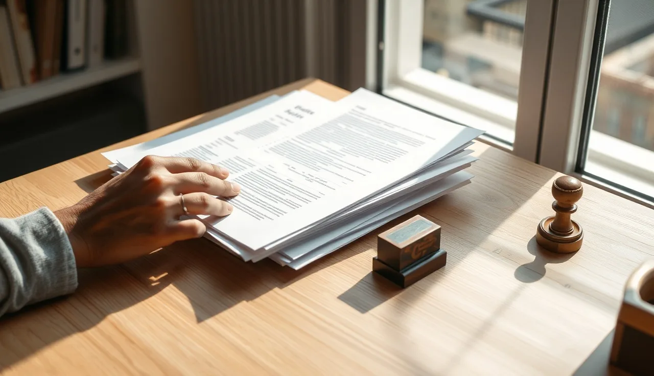 Hands organizing stamped divorce paper documents on a wood desk in morning light