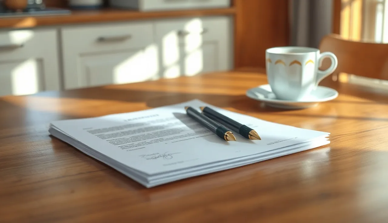 Two pens resting on unsigned divorce decree paperwork at a kitchen table