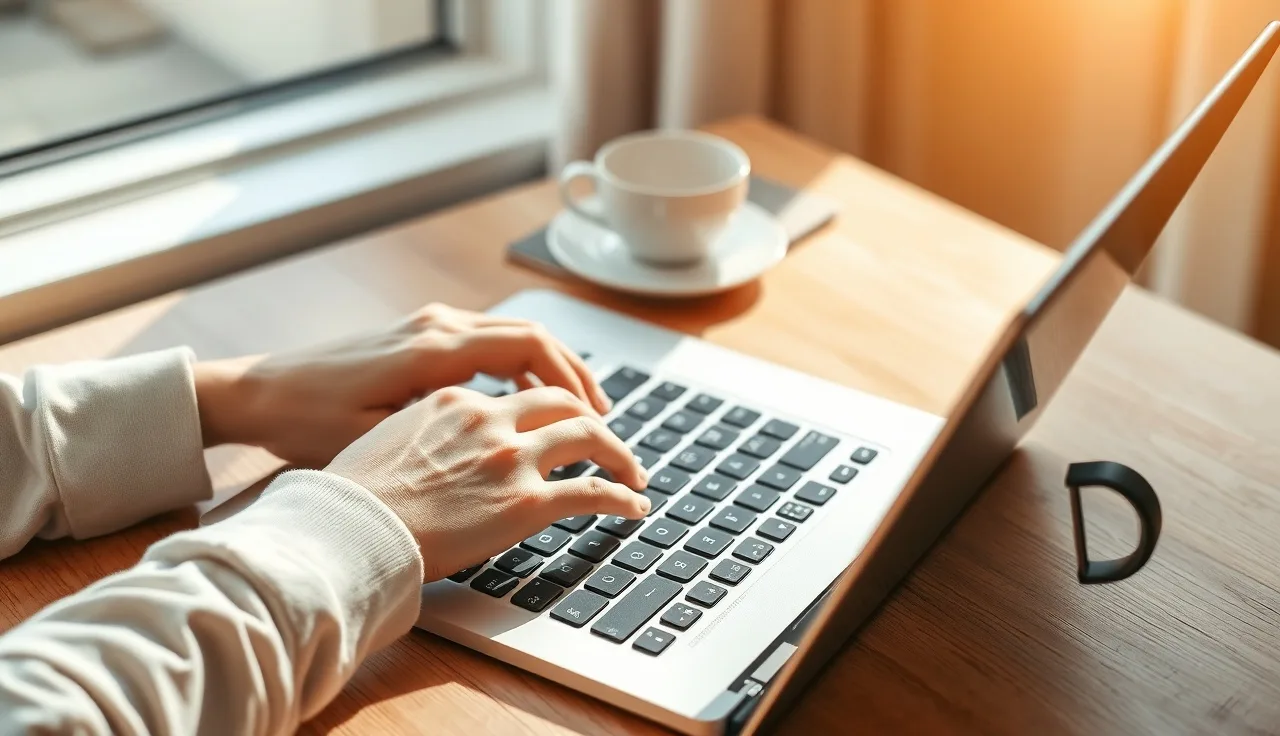 Person typing on laptop at wooden desk while e-filing divorce documents