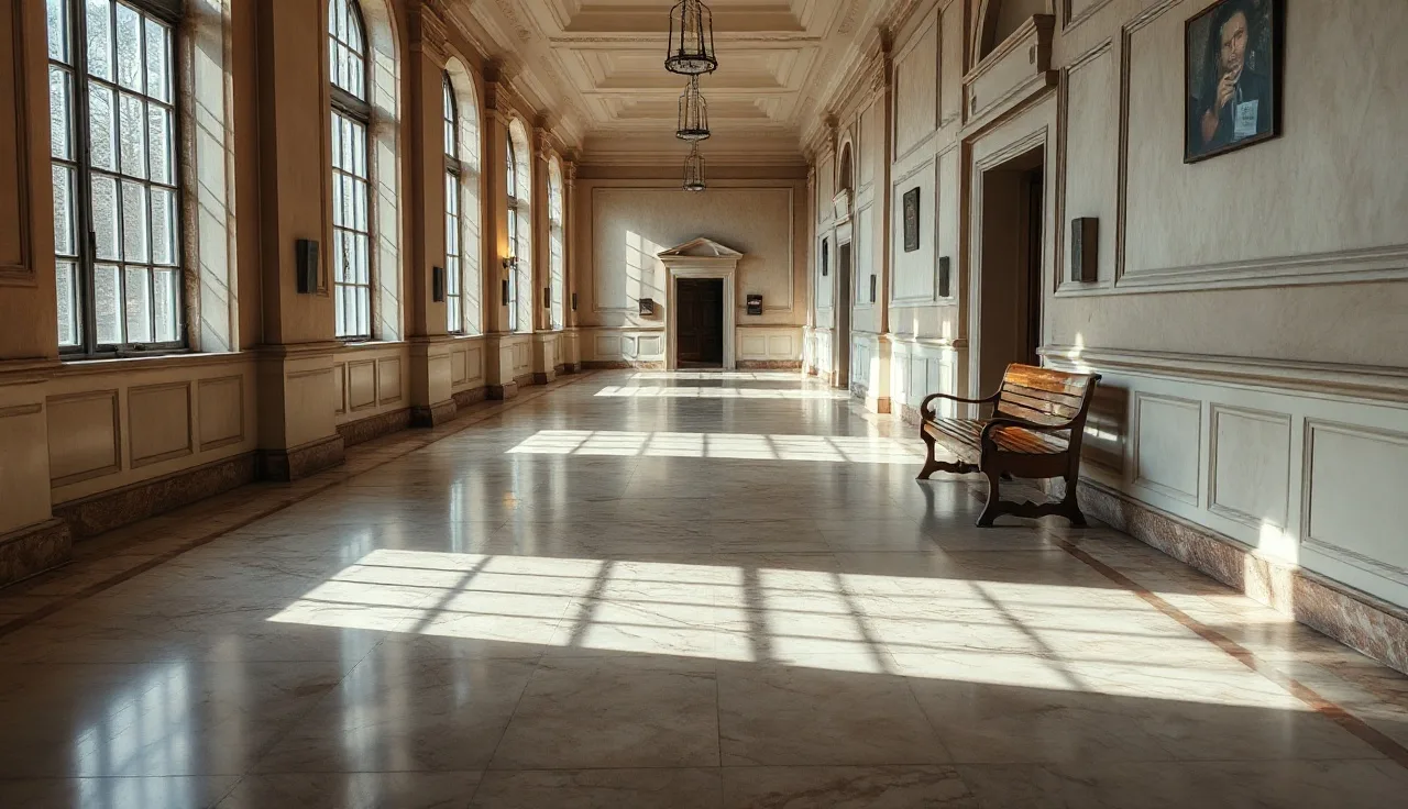 Empty courthouse hallway with marble floors, representing legal proceedings for divorce by publication