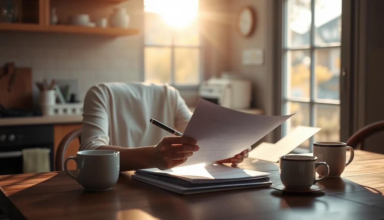 Woman reviewing legal divorce decree papers at a sunny kitchen table