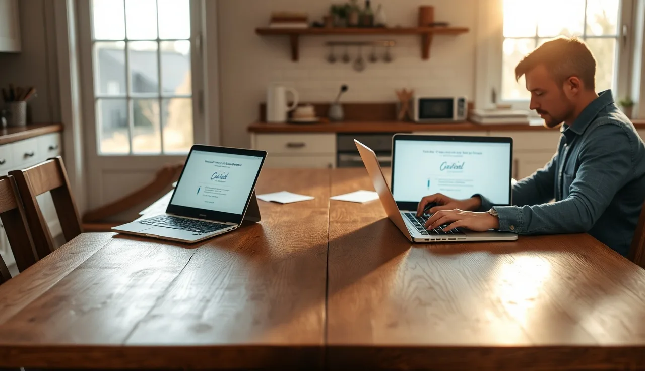 Two people e-signing divorce documents on laptops at a kitchen table