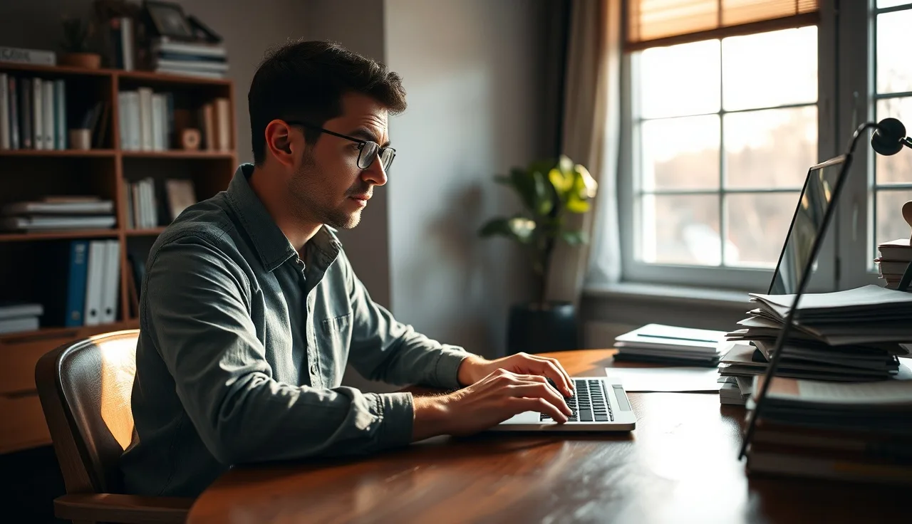 Person at home office desk attempting to e-file divorce documents on laptop