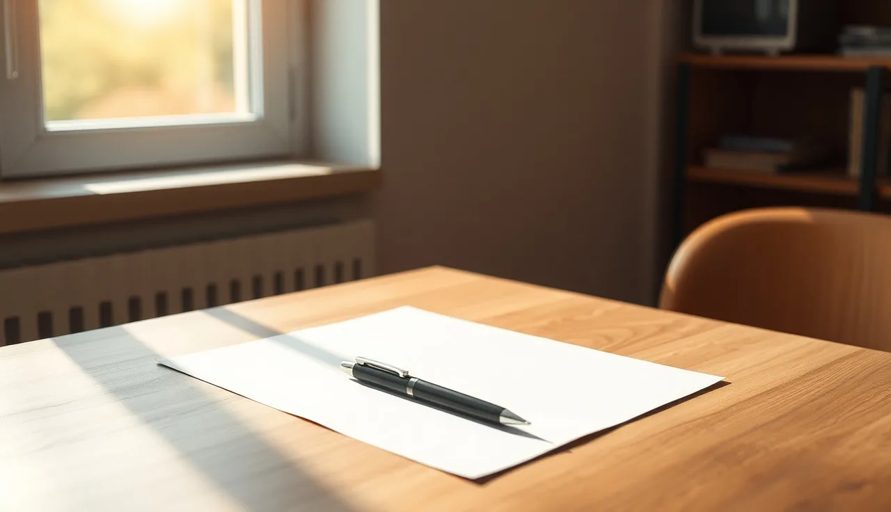 A pen resting on a blank document on a wooden desk during a divorce filing