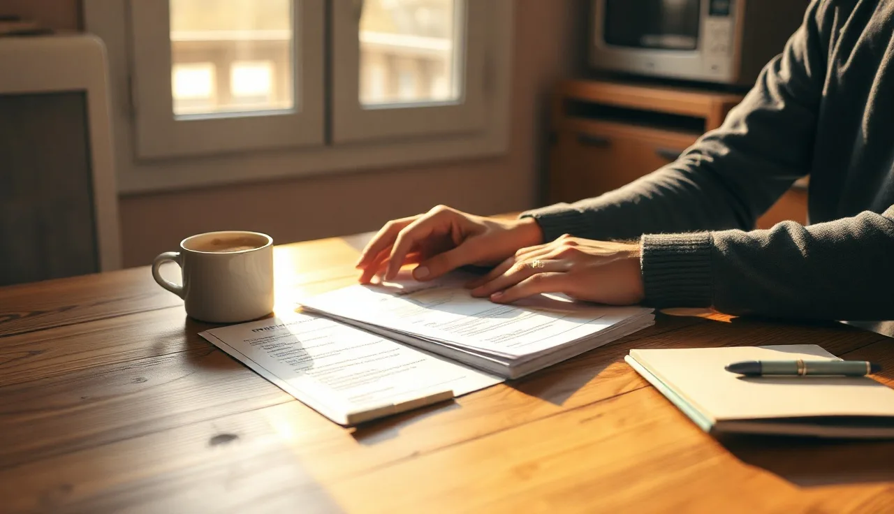 Person's hands resting on blank divorce forms at a kitchen table
