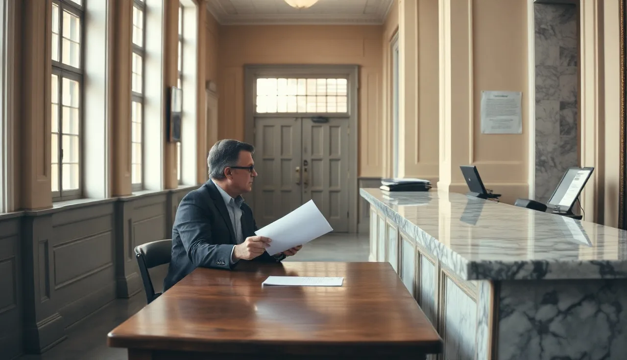 Person handing divorce filing papers to a court clerk through a courthouse window