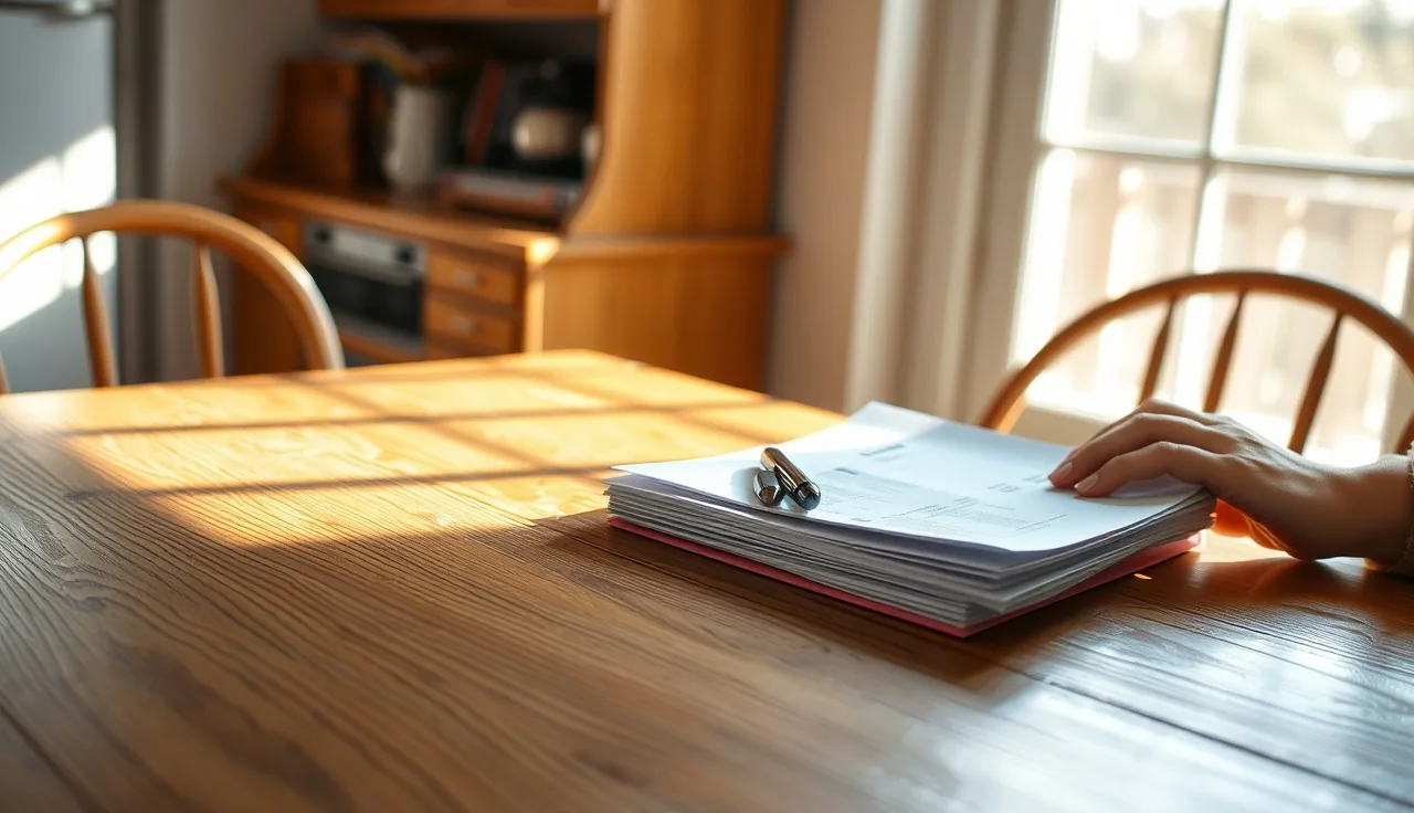 Hands near a stack of official papers on a kitchen table, suggesting divorce form filing