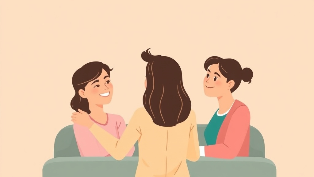 Illustration showing key concepts related to handling mutual friends after divorce