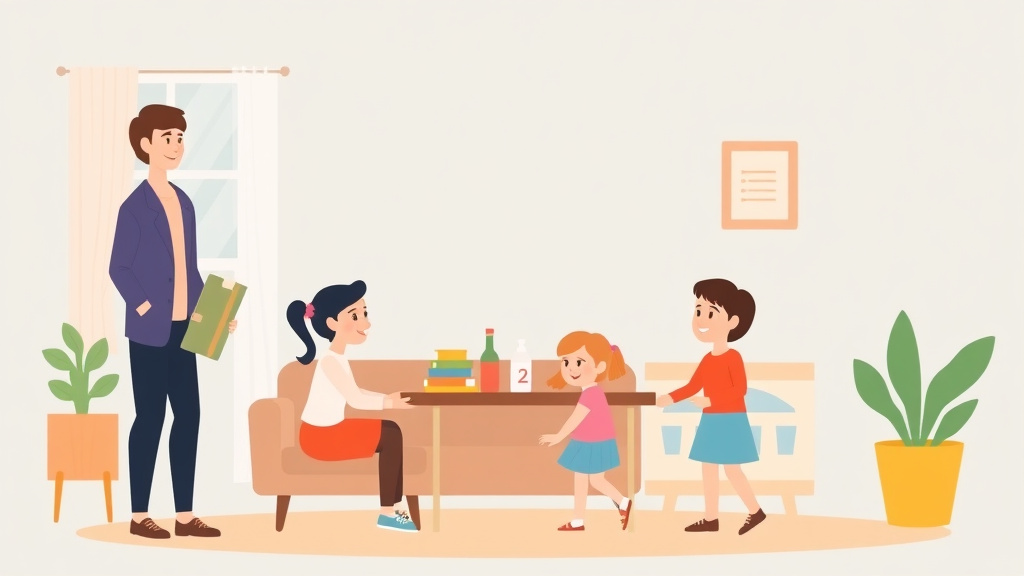 Illustration showing key concepts related to talking to kids about post-divorce changes: moving, new schools