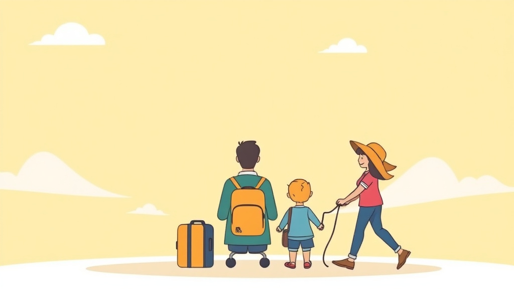 Illustration showing key concepts related to travel after divorce: solo and with kids