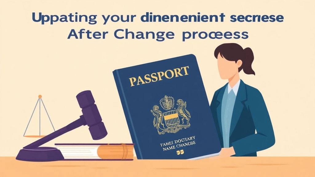 Illustration showing key concepts related to updating your passport after divorce: name change process