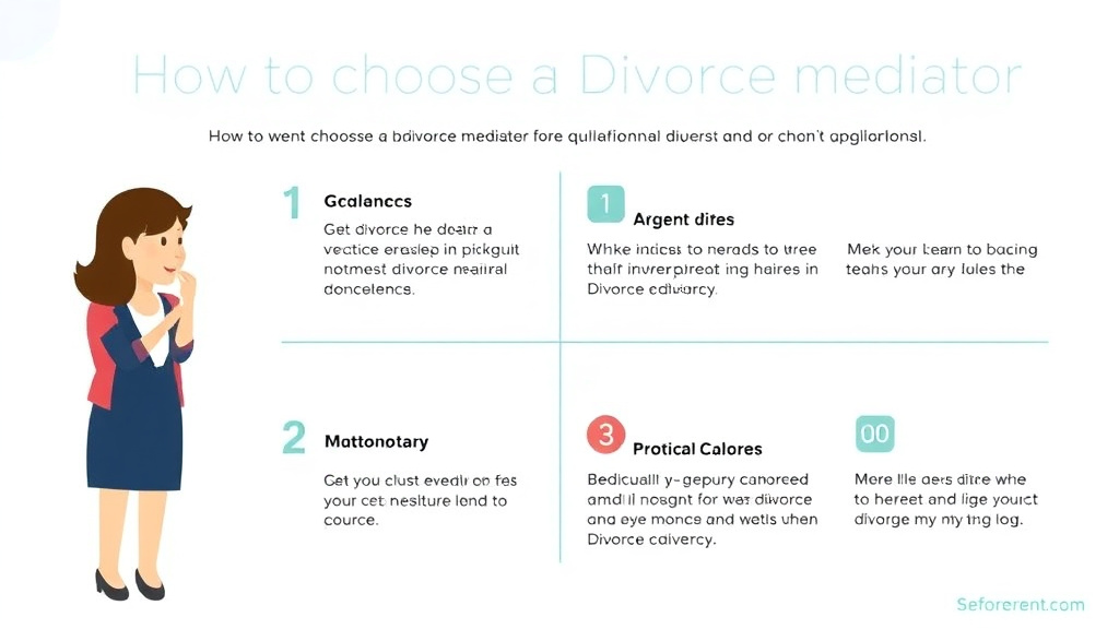 Visual guide for practical steps in how to choose a divorce mediator: qualifications and questions to ask