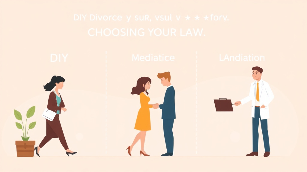 Illustration showing key concepts related to diy divorce vs. mediation vs. lawyer: choosing your path