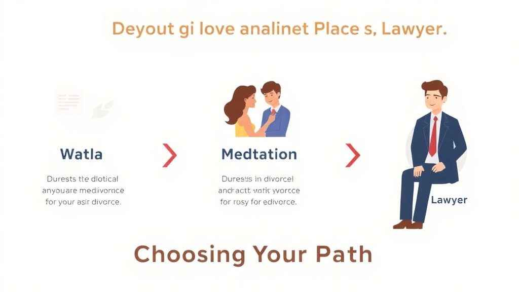 Visual guide for practical steps in diy divorce vs. mediation vs. lawyer: choosing your path