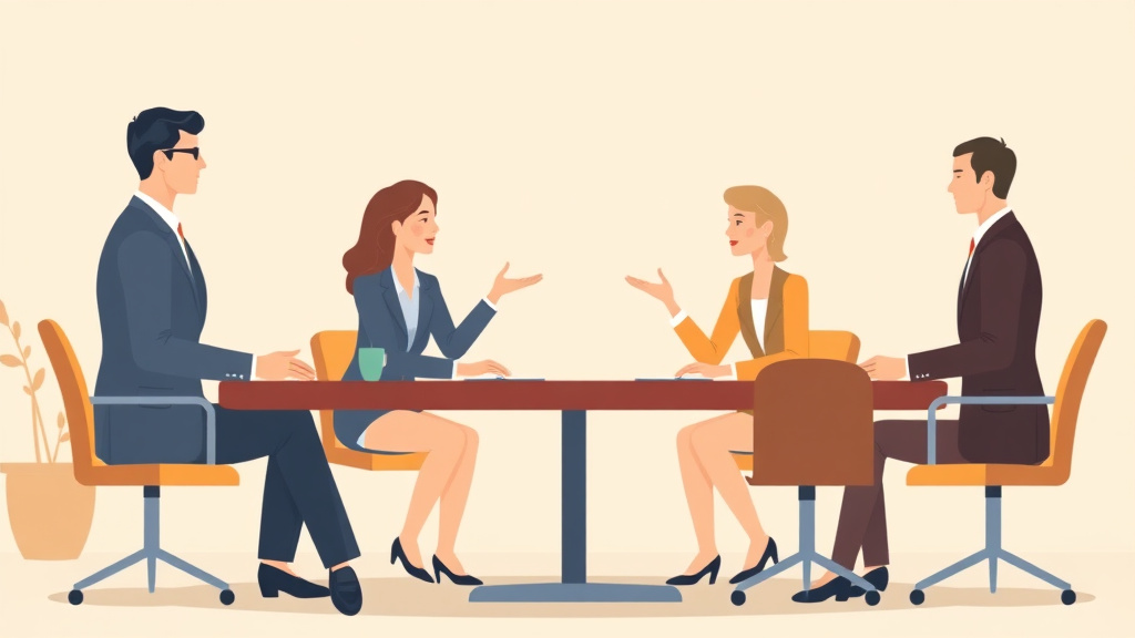 Illustration showing key concepts related to four-way meetings in divorce: negotiating with attorneys present