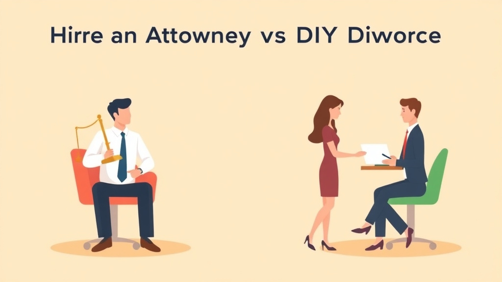 Illustration showing key concepts related to hiring an attorney vs diy divorce: making the decision